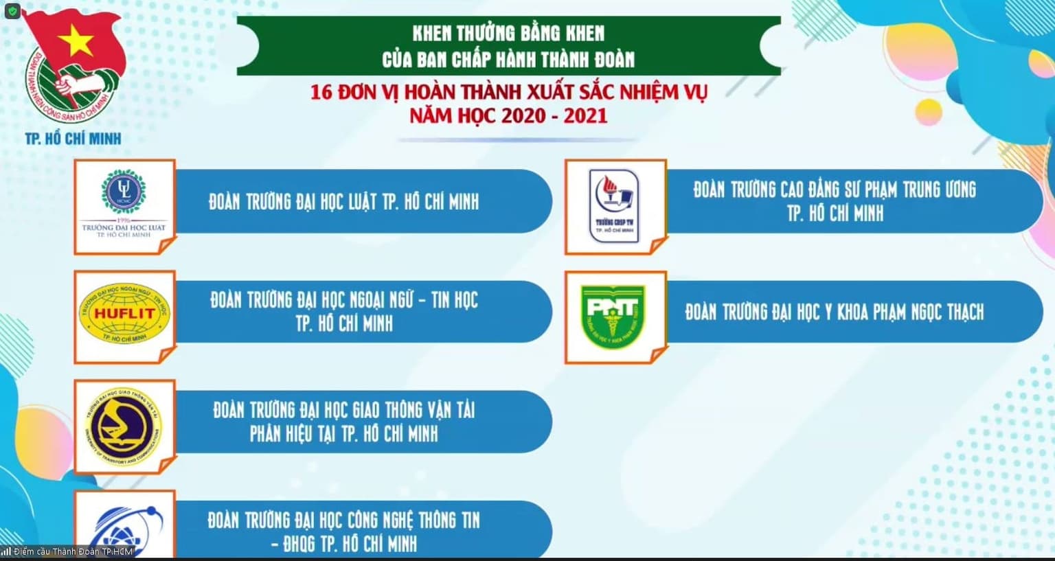 Chúc mừng toàn thể Đoàn viên, Sinh viên Trường Đại học Công nghệ Thông tin đã cùng đóng góp cho thành tích chung của Công tác Đoàn-Hội năm học 2020-2021.