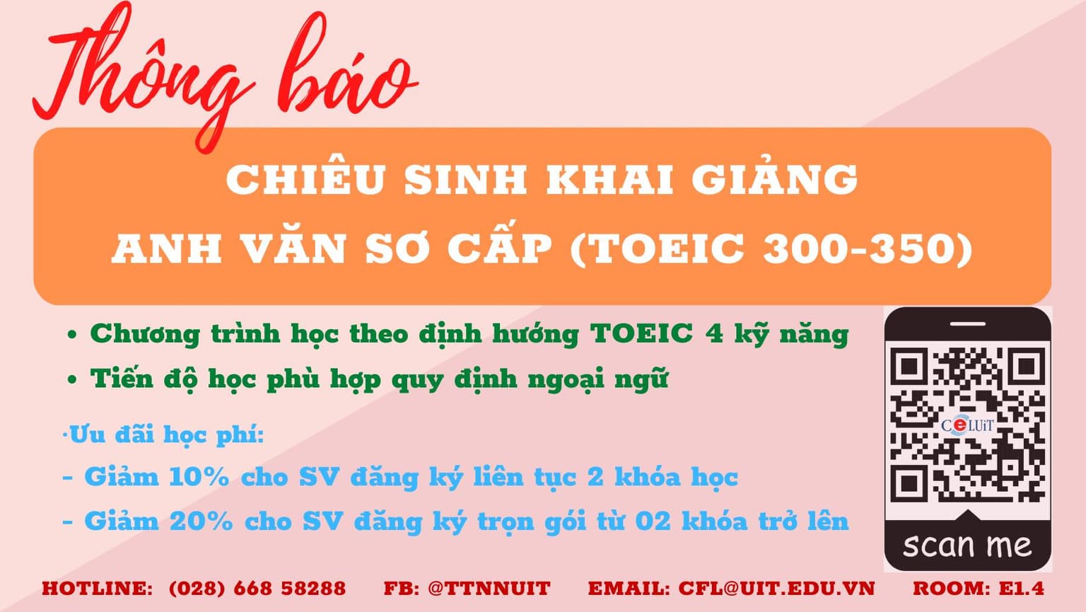 Thông báo chiêu sinh Anh văn sơ cấp (Toeic 300 - 350)
