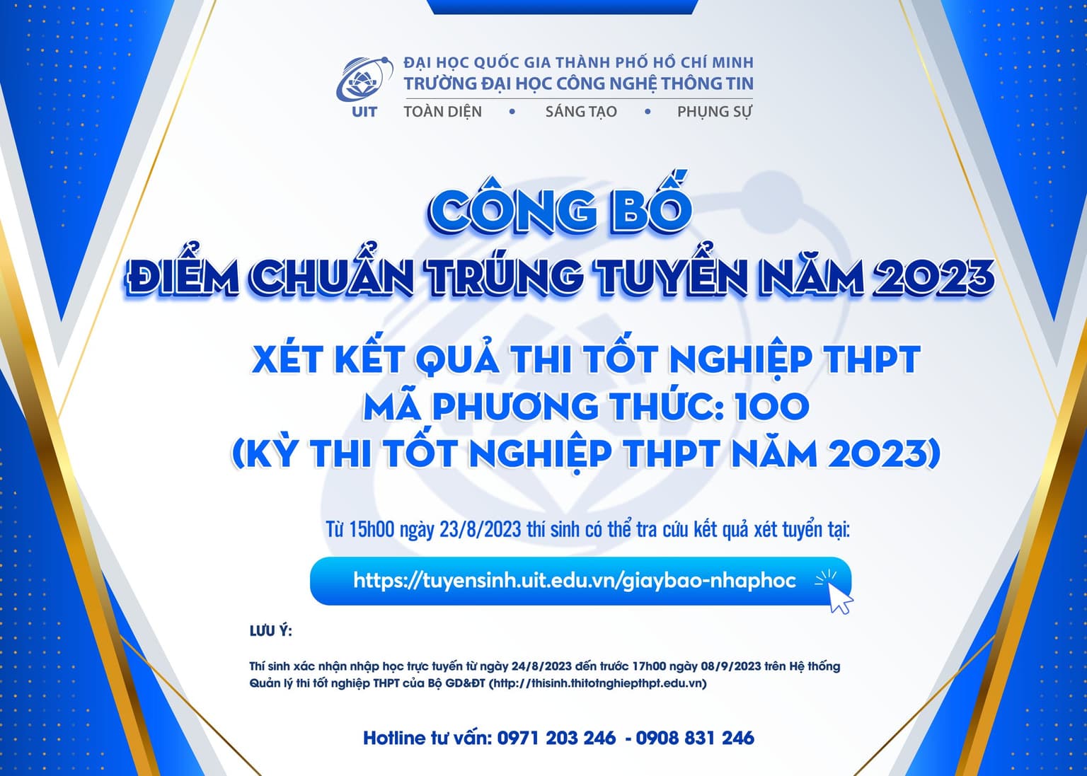 UIT công bố điểm chuẩn trúng tuyển năm 2023 theo phương thức xét tuyển kết quả thi tốt nghiệp THPT