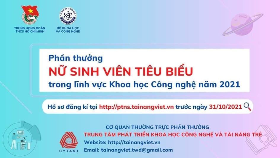 Đăng ký xét chọn phần thưởng “Nữ sinh viên tiêu biểu trong lĩnh vực khoa học công nghệ” năm 2021