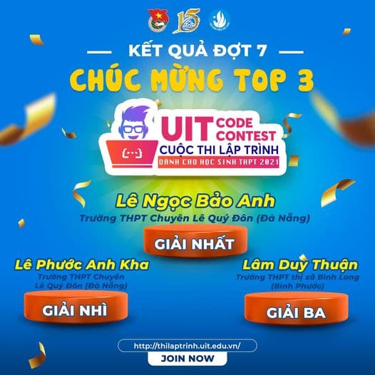 CHÚC MỪNG TOP 3 THÍ SINH XUẤT SẮC NHẤT CUỘC THI UIT CODE CONTEST -  ĐỢT 7
