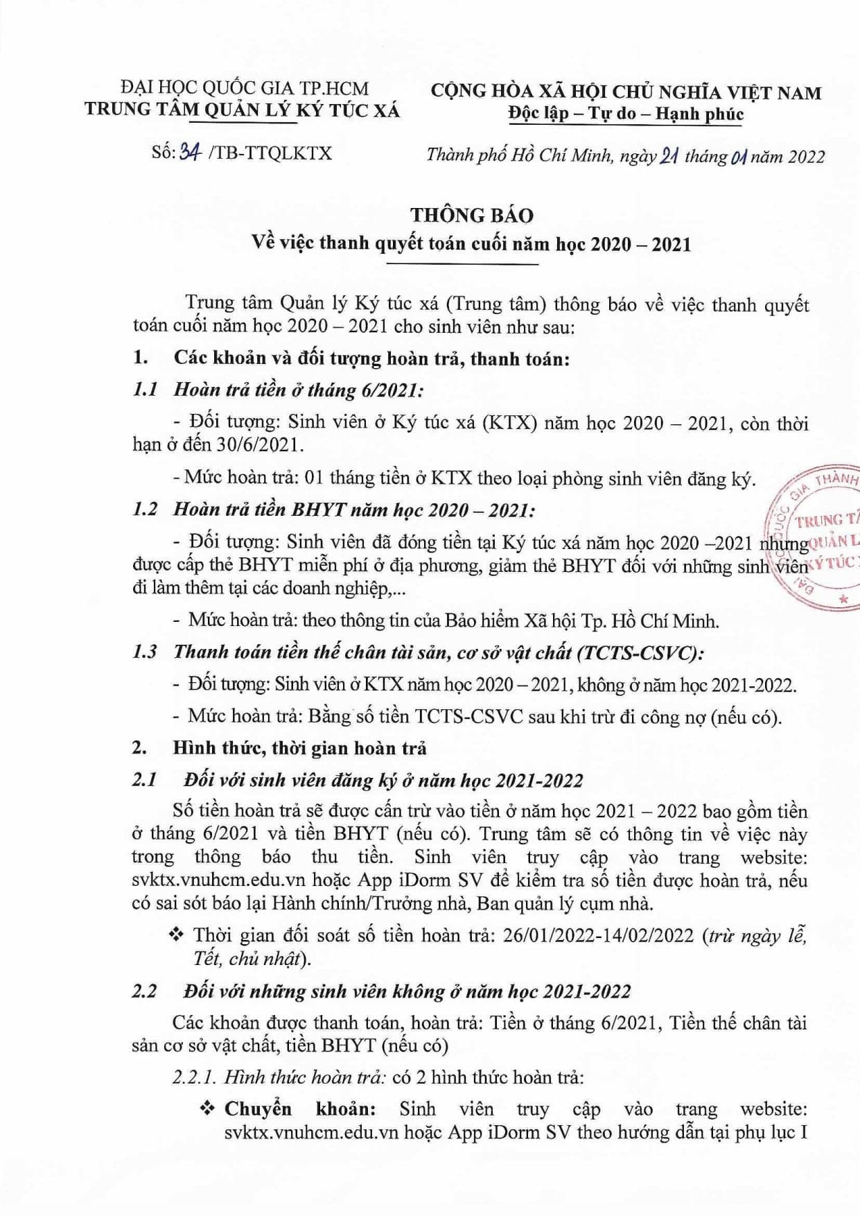 Ký túc xá Đại học Quốc gia TP. HCM thông báo về việc thanh toán cuối năm học 2020-2021