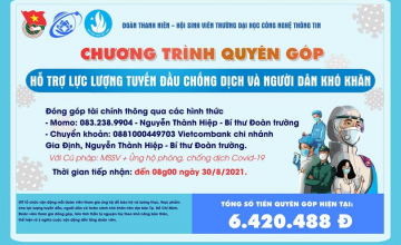 Chương trình Đoàn viên UIT tham gia ủng hộ lực lượng tuyến đầu phòng, chống dịch và người dân có hoàn cảnh khó khăn tại Tp. Hồ Chí Minh đã nhận được 6.420.488đ đ từ các bạn sinh viên UIT
