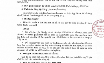 Thông báo về việc đăng ký ở Ký túc xá ĐHQG-HCM năm học 2021-2022 cho sinh viên 2 trở lên